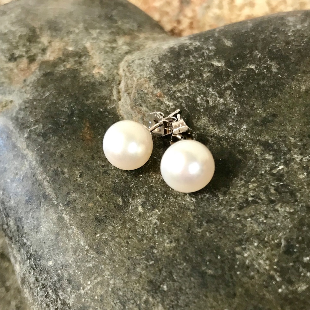 8.4mm Round White Pearl Earrings in 14K White Gold - Picture 2 of 6